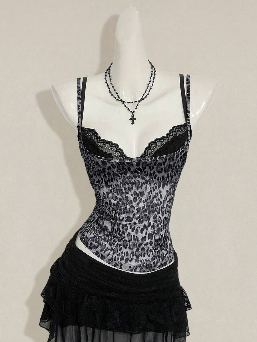 Women's grey leopard print spaghetti strap cami with black contrast lace trim and slim fit design