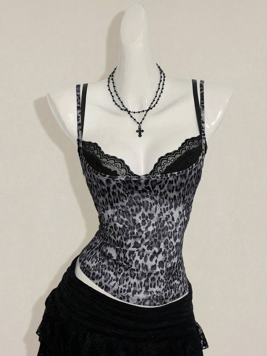 Women's grey leopard print spaghetti strap cami with black contrast lace trim and slim fit design