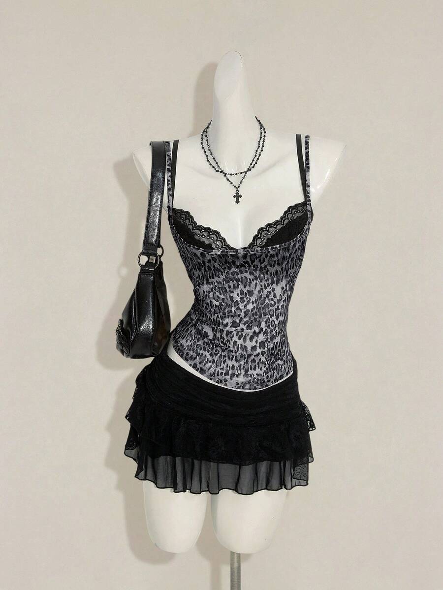Women's grey leopard print spaghetti strap cami with black contrast lace trim and slim fit design