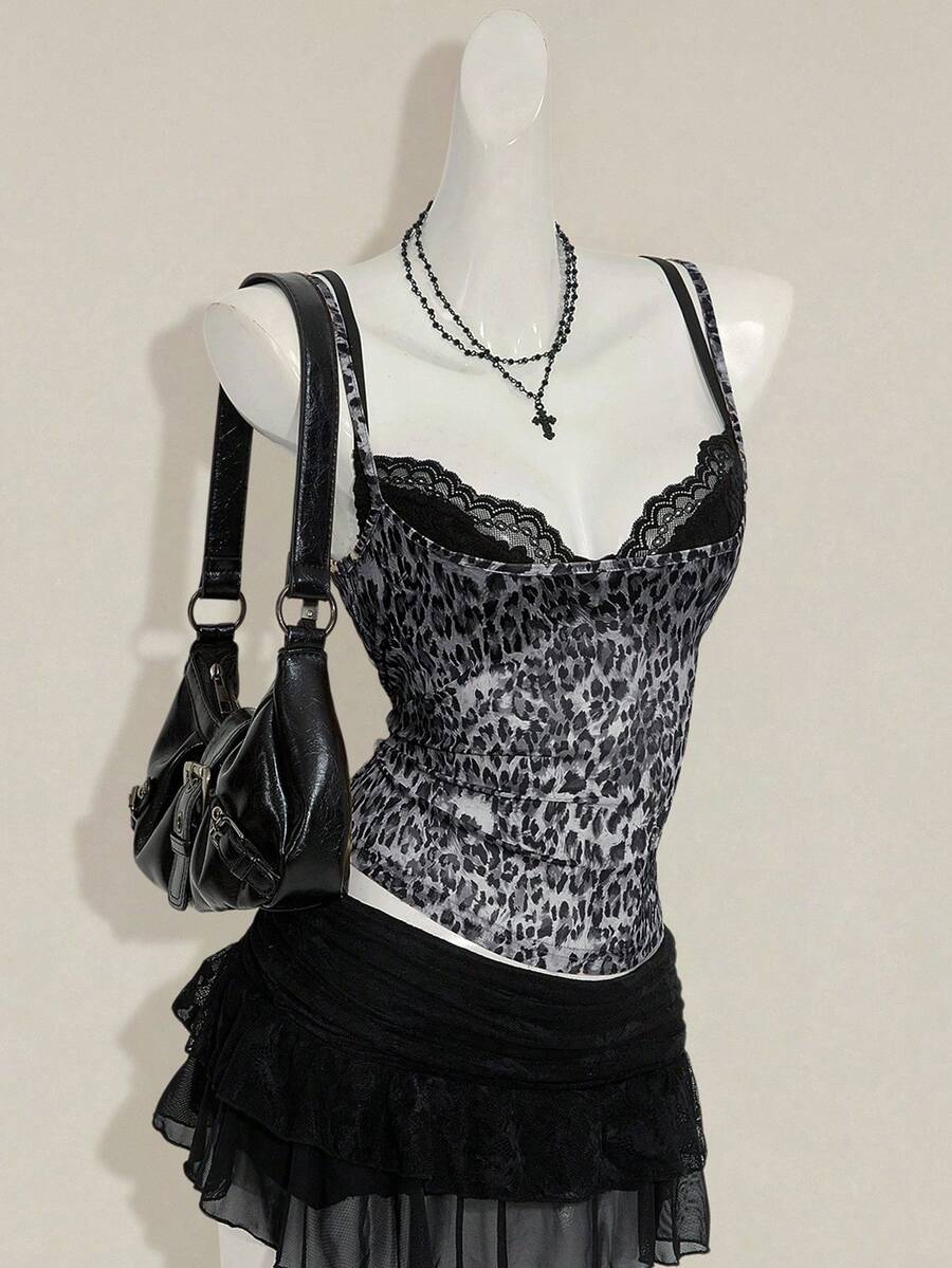 Women's grey leopard print spaghetti strap cami with black contrast lace trim and slim fit design