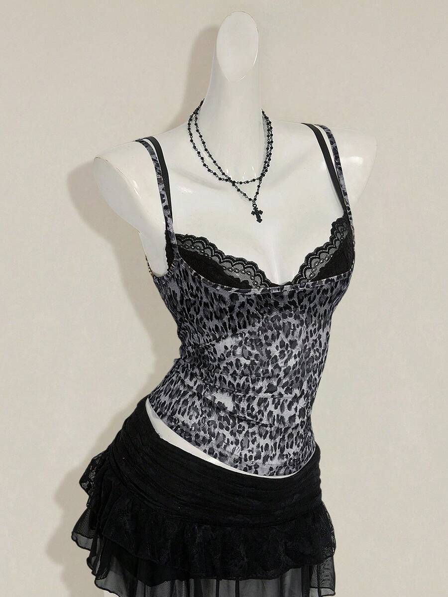 Women's grey leopard print spaghetti strap cami with black contrast lace trim and slim fit design