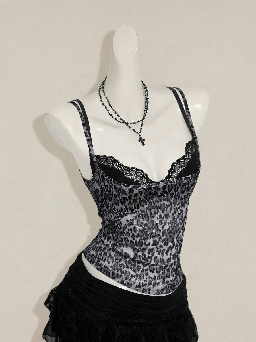 Women's grey leopard print spaghetti strap cami with black contrast lace trim and slim fit design