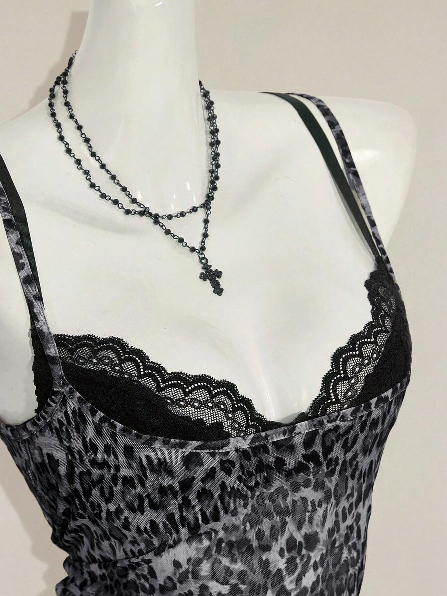 Women's grey leopard print spaghetti strap cami with black contrast lace trim and slim fit design