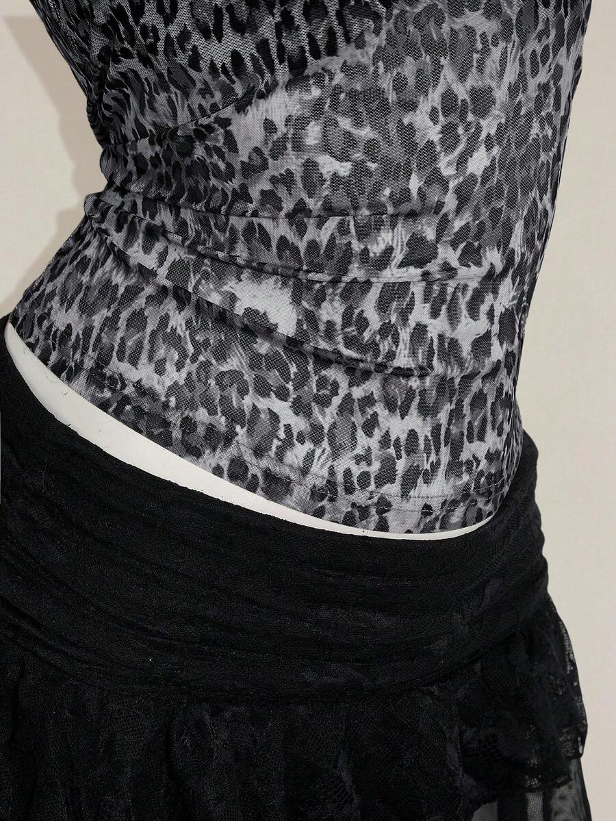 Women's grey leopard print spaghetti strap cami with black contrast lace trim and slim fit design