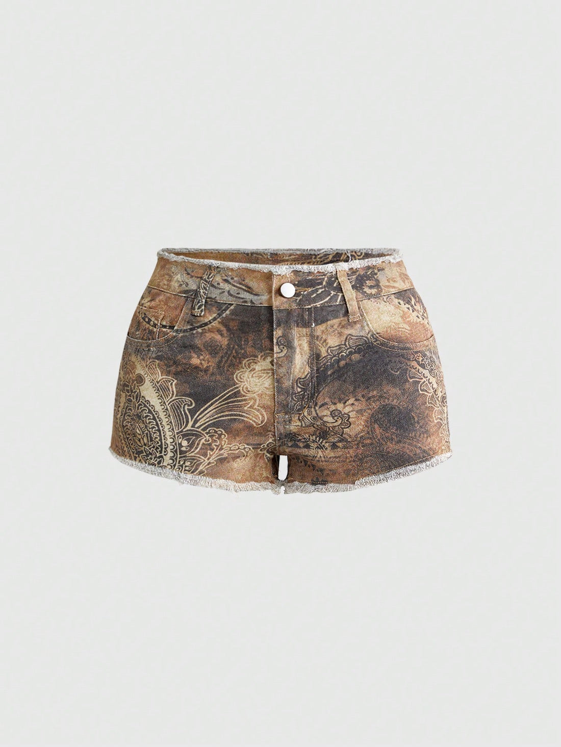 Brown paisley mini shorts with ultra low waist, raw frayed hem, pockets, and zipper detail