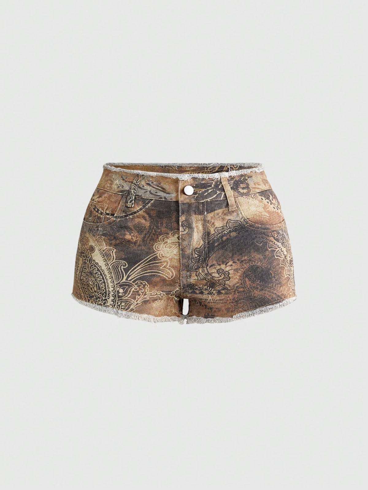 Brown paisley mini shorts with ultra low waist, raw frayed hem, pockets, and zipper detail