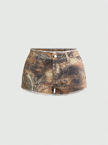 Brown paisley mini shorts with ultra low waist, raw frayed hem, pockets, and zipper detail