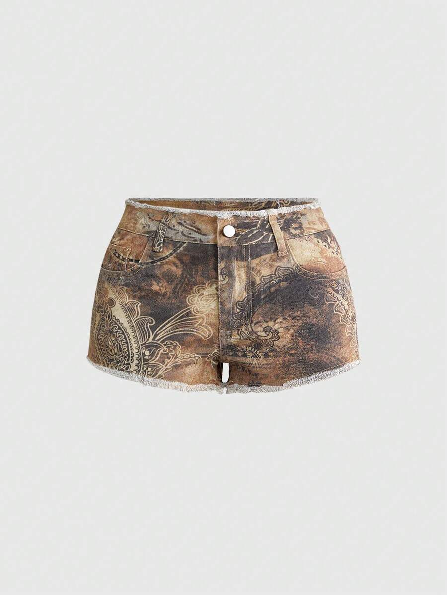 Brown paisley mini shorts with ultra low waist, raw frayed hem, pockets, and zipper detail