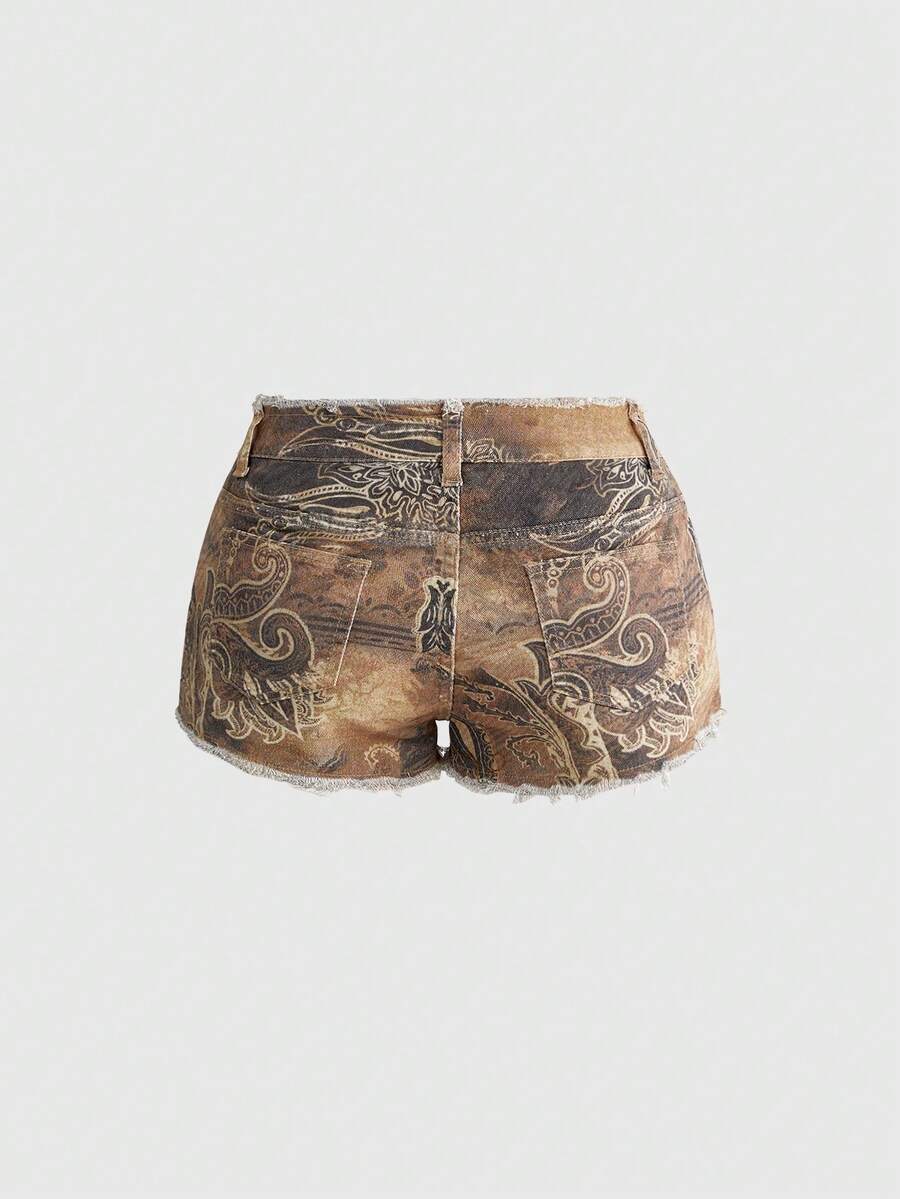 Brown paisley mini shorts with ultra low waist, raw frayed hem, pockets, and zipper detail