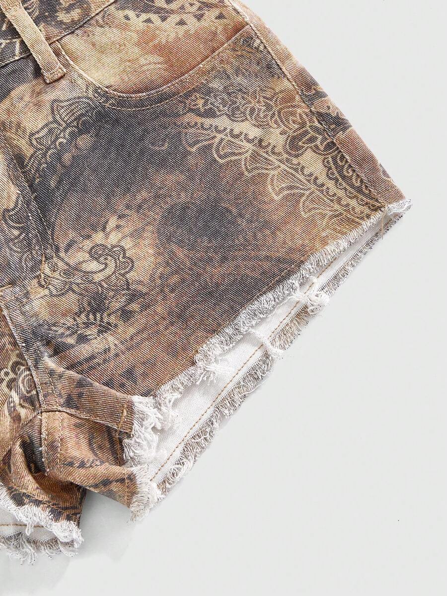 Brown paisley mini shorts with ultra low waist, raw frayed hem, pockets, and zipper detail