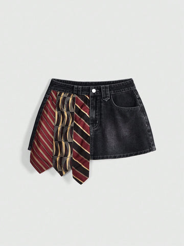 Women's low-waist asymmetrical mini skort featuring button, zipper, and pocket details in an A-line cut.