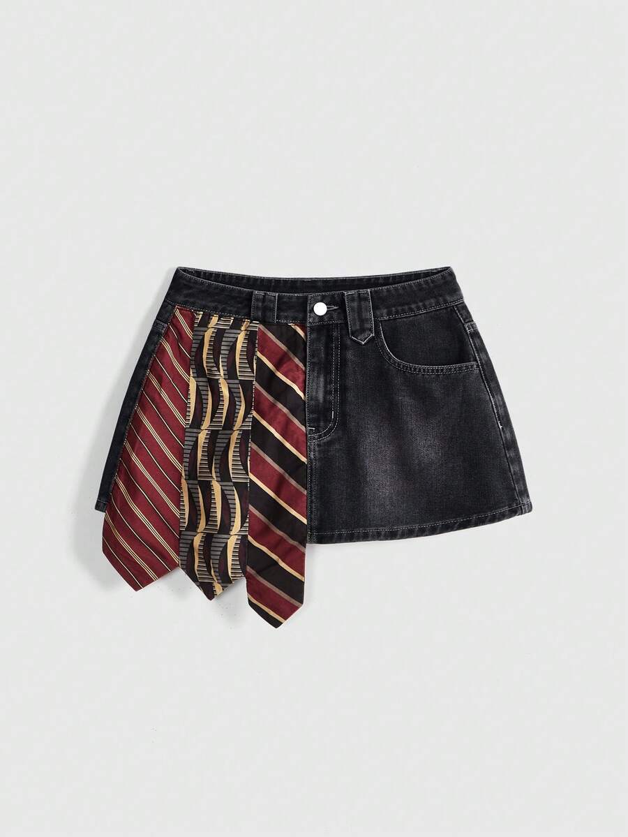 Women's low-waist asymmetrical mini skort featuring button, zipper, and pocket details in an A-line cut.