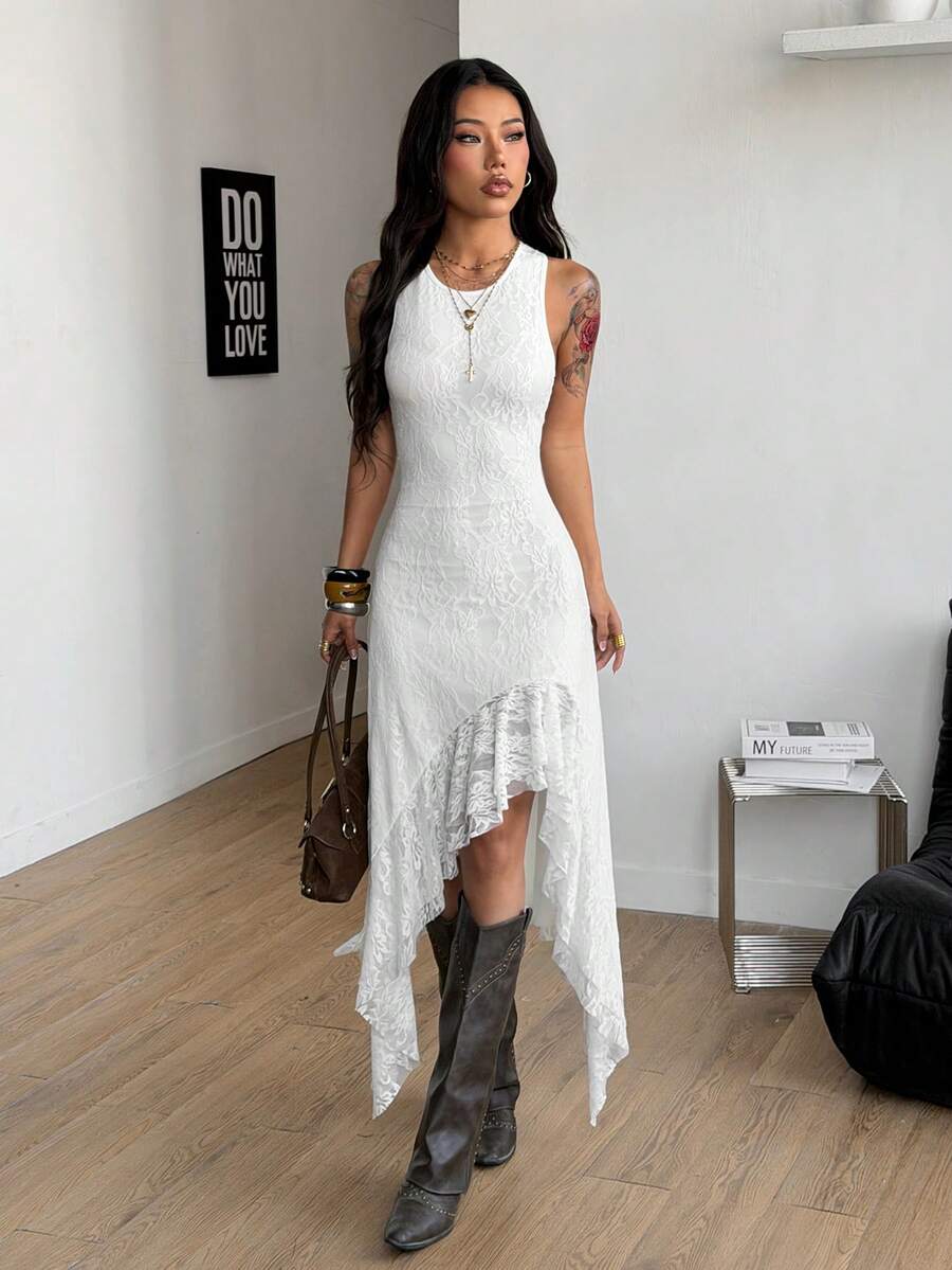 Sleeveless lace A-line maxi dress for women featuring a round neckline, lined bodice, and an asymmetrical hem with tassel trim.