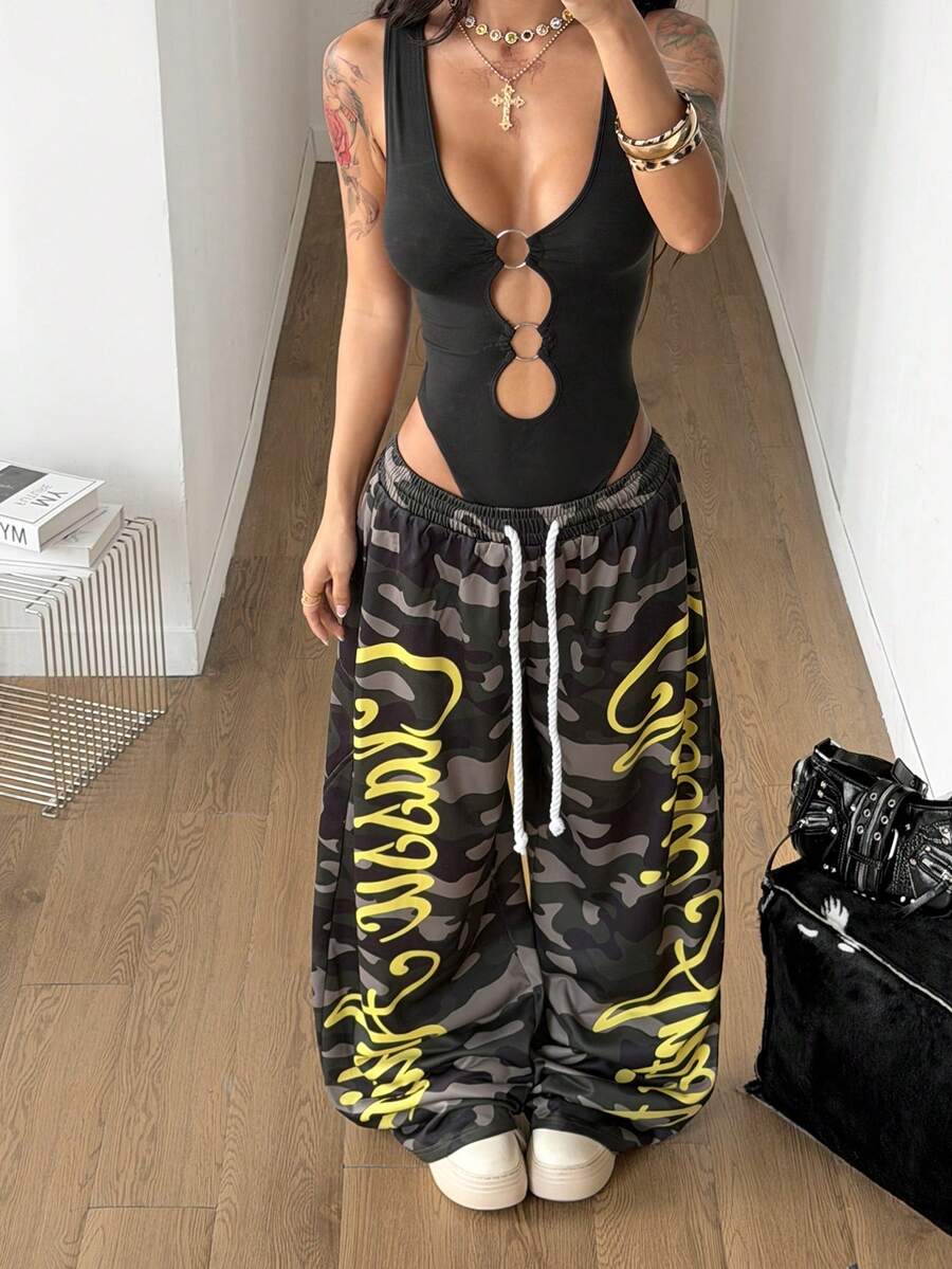 Women's loose wide leg casual pants with drawstring waist in plain black