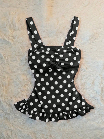 Women's retro slim-fit crop top featuring wide straps, ruched shirred detailing, asymmetrical ruffle hem, and cute bow accent.