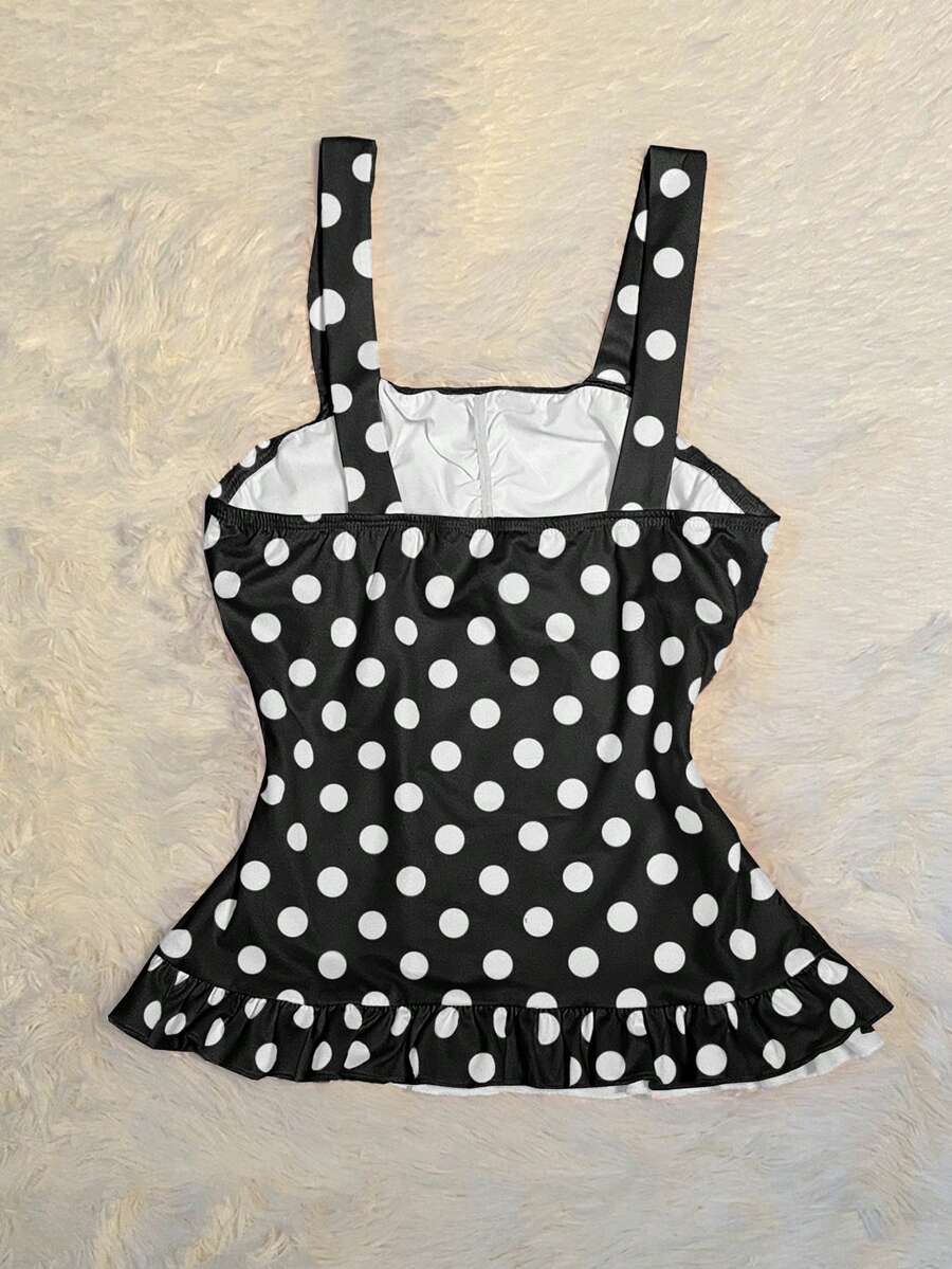 Women's retro slim-fit crop top featuring wide straps, ruched shirred detailing, asymmetrical ruffle hem, and cute bow accent.
