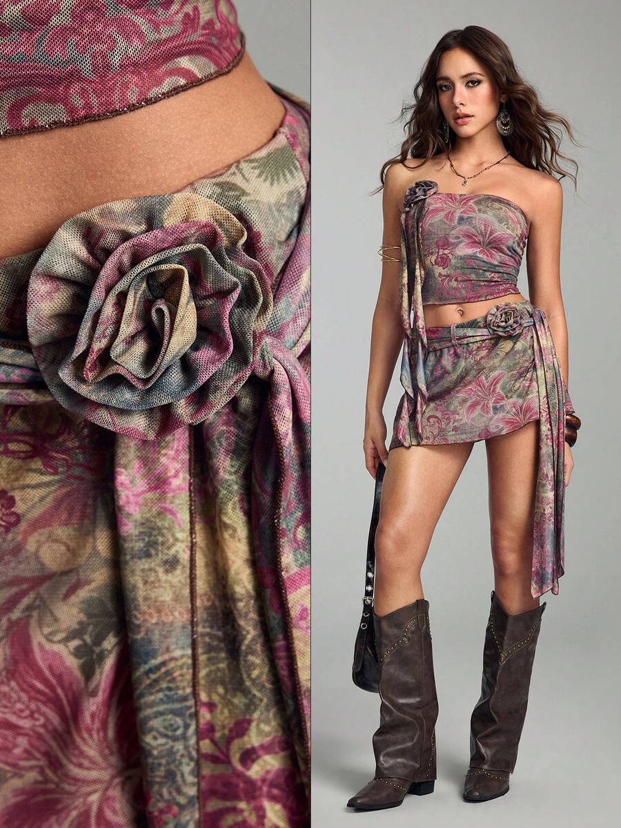 Multicolor two-piece outfit featuring a strapless bandeau top and a matching mesh mini skirt with zipper details.