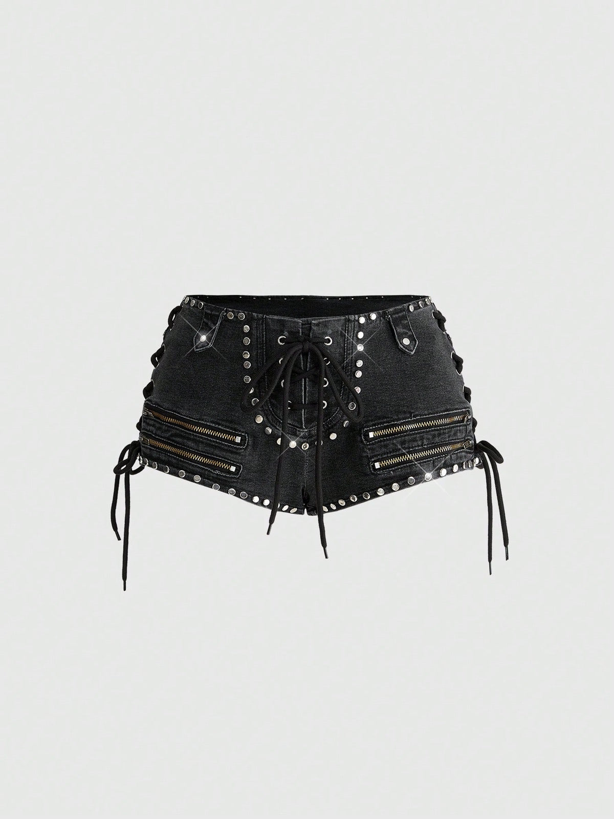 Women's low-rise studded denim mini shorts with a skinny fit and stretch fabric.