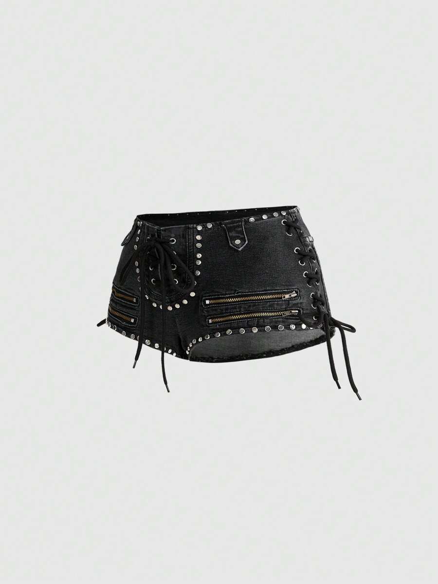 Women's low-rise studded denim mini shorts with a skinny fit and stretch fabric.