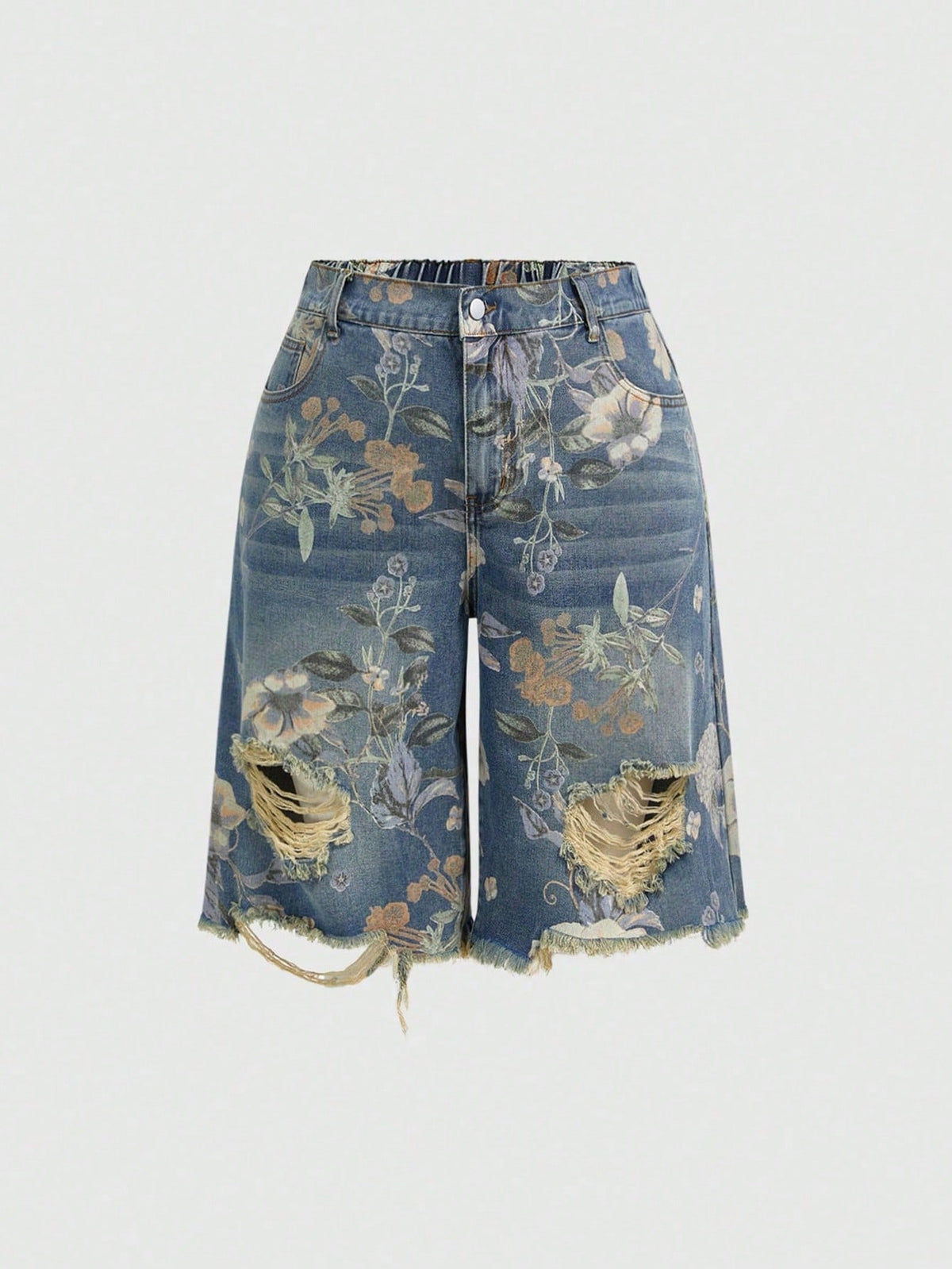 Women's loose wide-leg denim Bermuda shorts featuring vintage animal and paisley print with pockets and zipper fly.