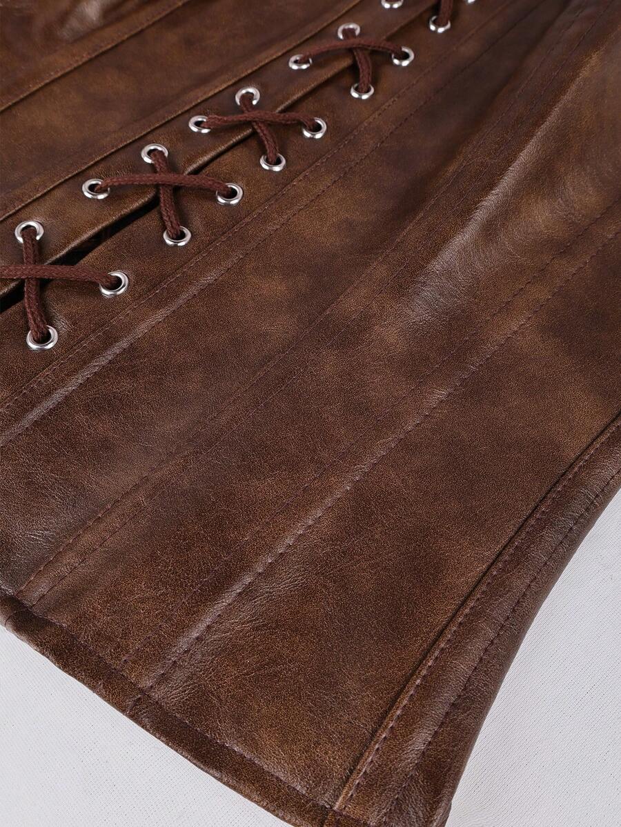 Front view of a brown punk style boned halter crop top featuring a waist strap with a metal ring, backless tie back, and sleeveless slim fit.