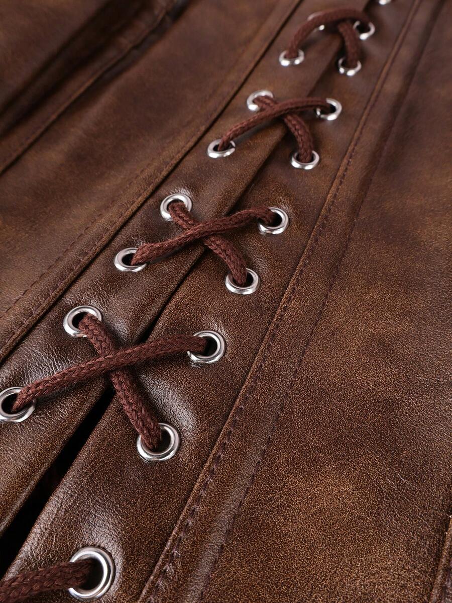 Front view of a brown punk style boned halter crop top featuring a waist strap with a metal ring, backless tie back, and sleeveless slim fit.