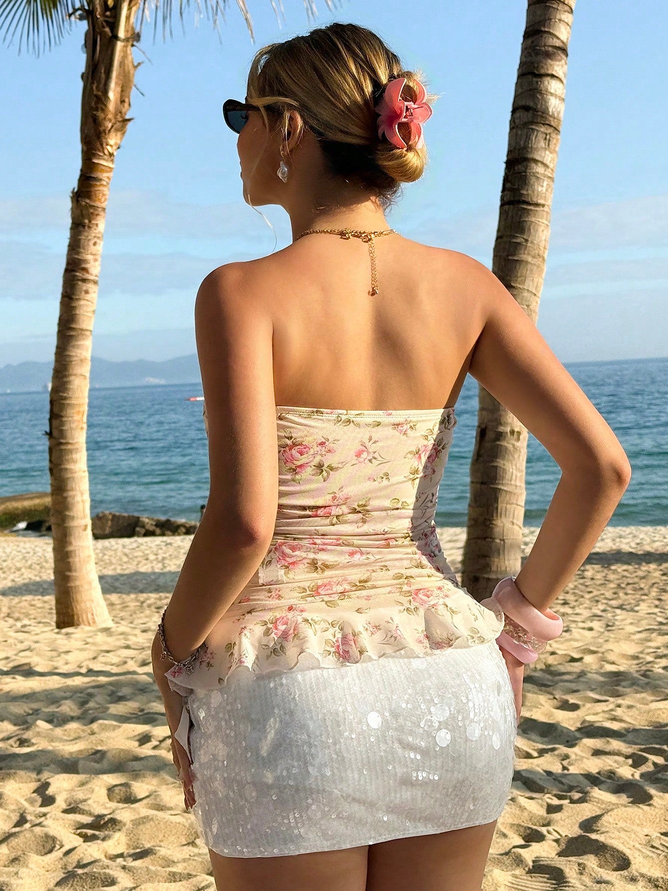 Women's Y2K floral printed mesh bandeau tube top with strapless neckline, ruched detail, ruffle hem, slim fit, and lined body