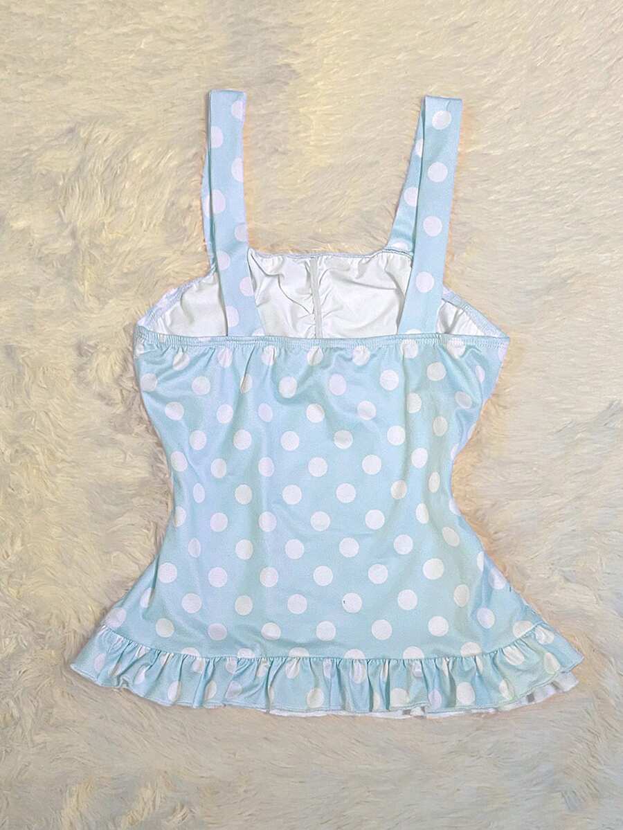 Women's retro slim-fit crop top featuring wide straps, ruched shirred detailing, asymmetrical ruffle hem, and cute bow accent.