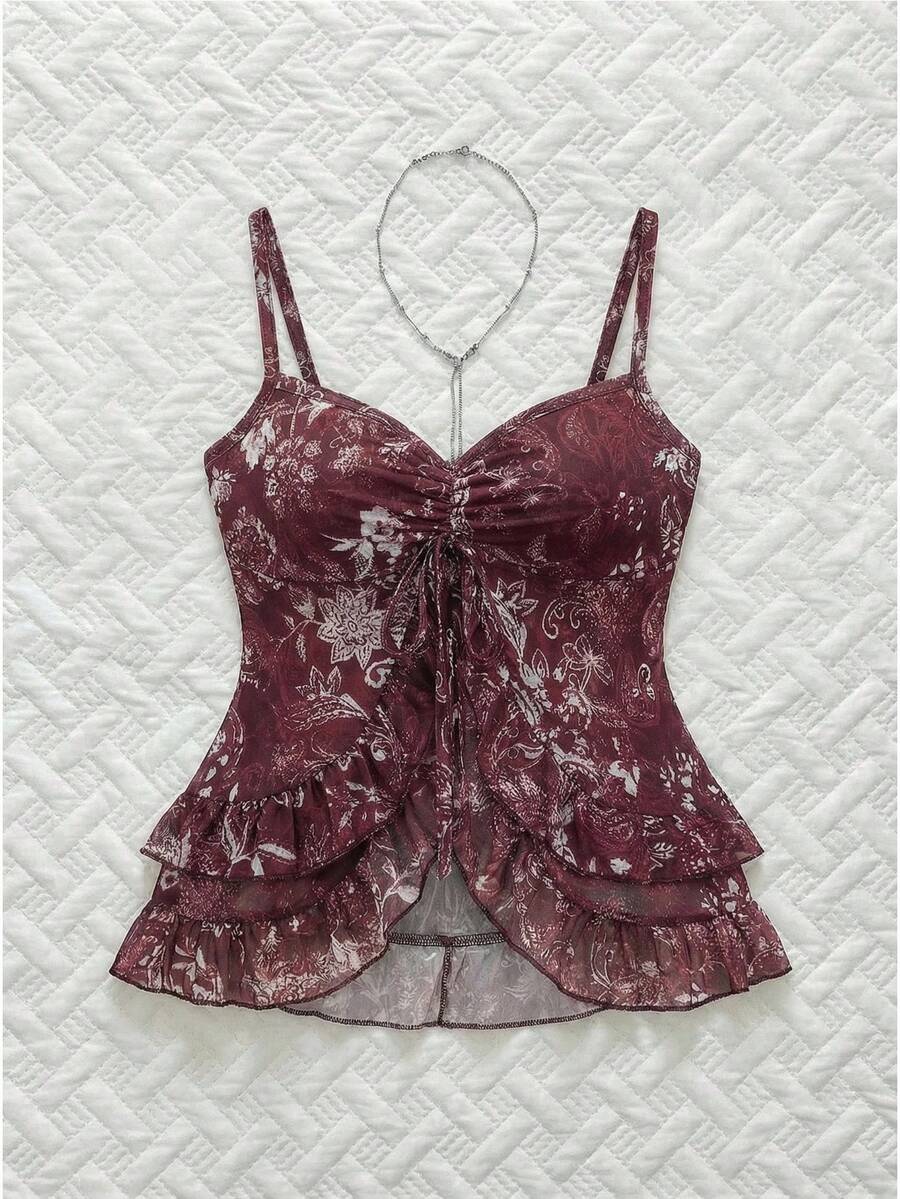 Women's vintage printed mesh ruffle strap camisole top in Army Green featuring cold shoulder style, spaghetti straps, jacquard pattern detail, and a slim crop fit.