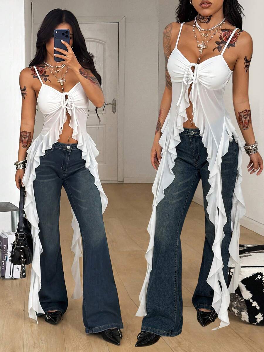 Burgundy sleeveless asymmetrical mesh long top for women featuring spaghetti straps and lace-up details with a slim fit.