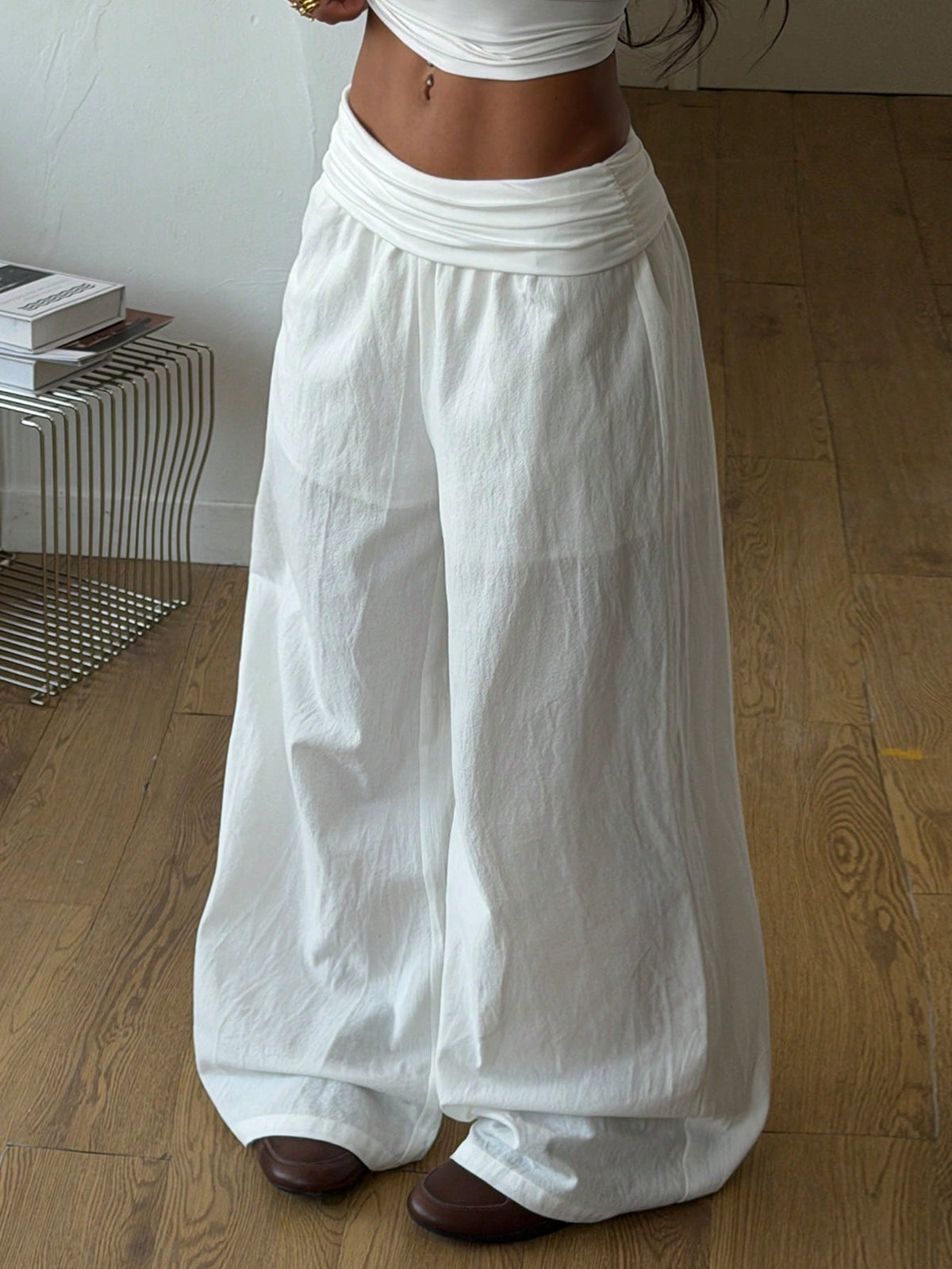 Women's 100% cotton casual wide leg pants with elastic waist and ruched detail