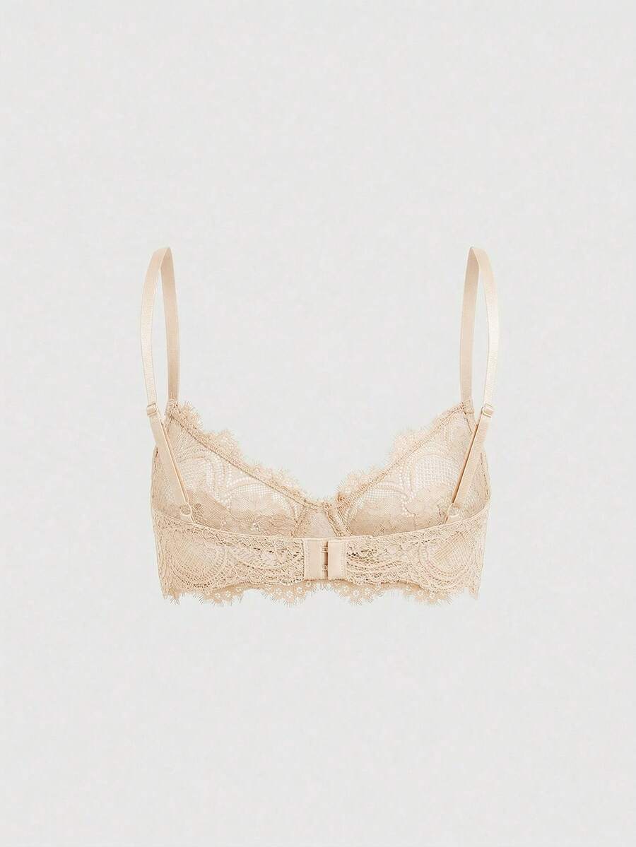 Sheer floral lace underwire triangle bra for women featuring adjustable straps and plunge cup design.