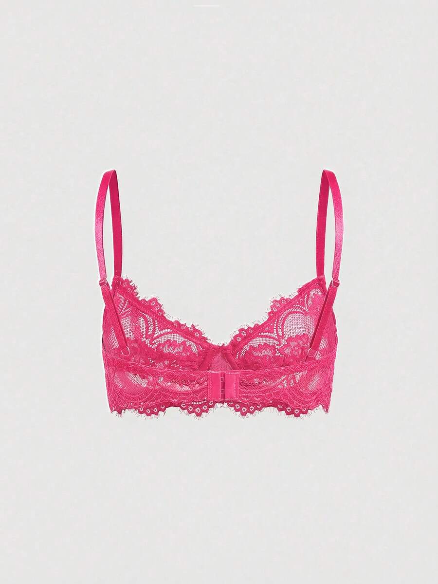 Sheer floral lace underwire triangle bra for women featuring adjustable straps and plunge cup design.