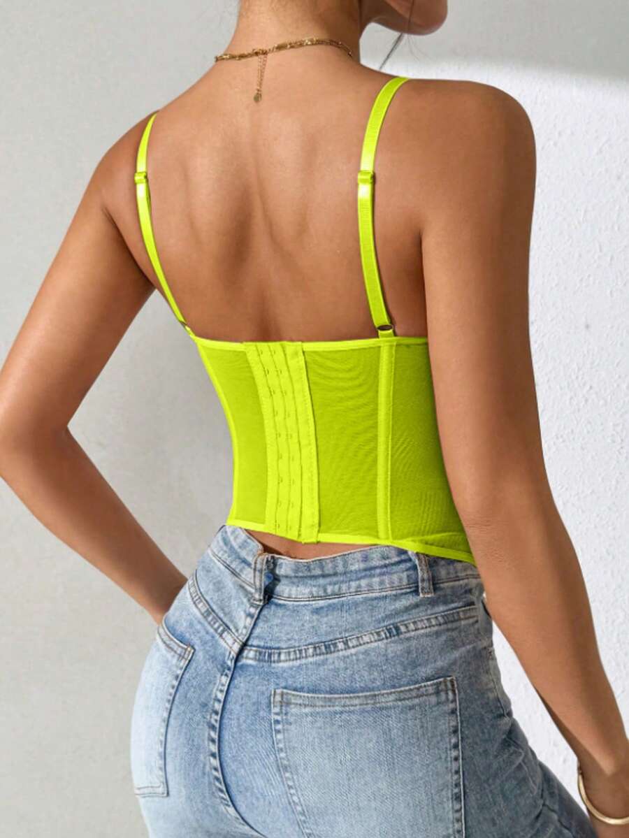 Women's lace bustier corset cami top with spaghetti straps, arm sleeves, asymmetrical contrast lace detail, and buckle accent