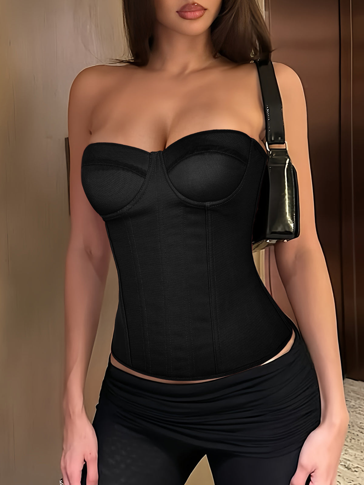Solid color strapless corset tube top featuring a backless lace-up back design and cropped slim fit.
