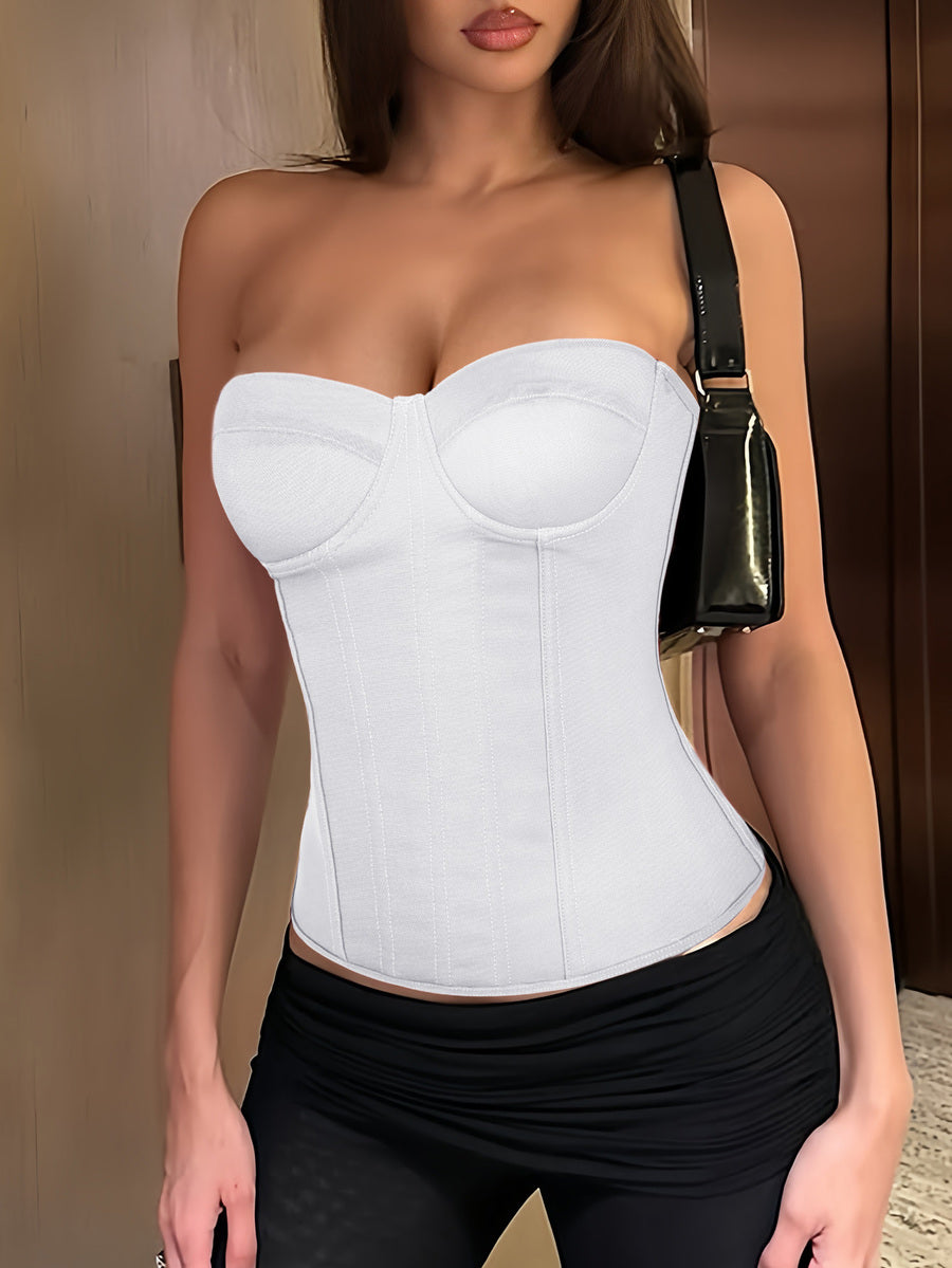 Solid color strapless corset tube top featuring a backless lace-up back design and cropped slim fit.