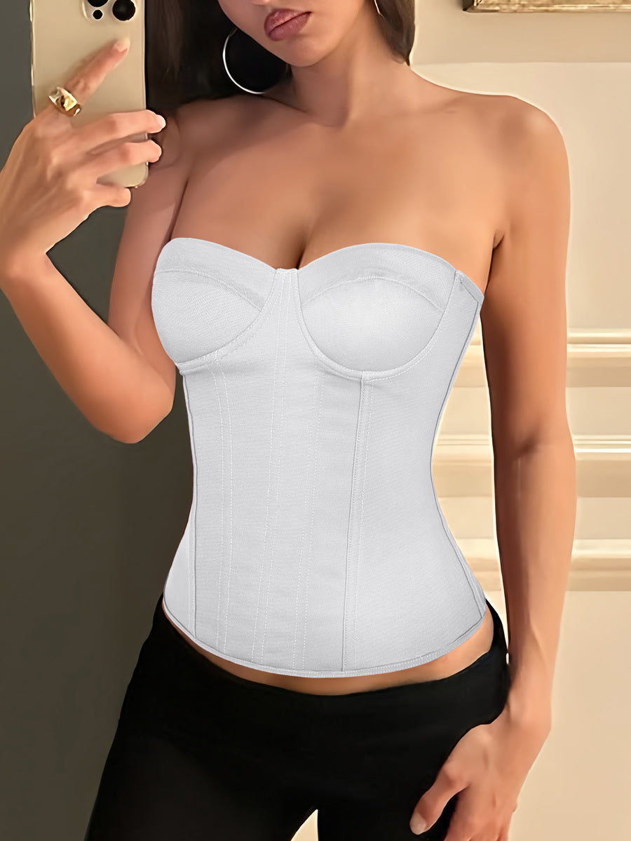 Solid color strapless corset tube top featuring a backless lace-up back design and cropped slim fit.