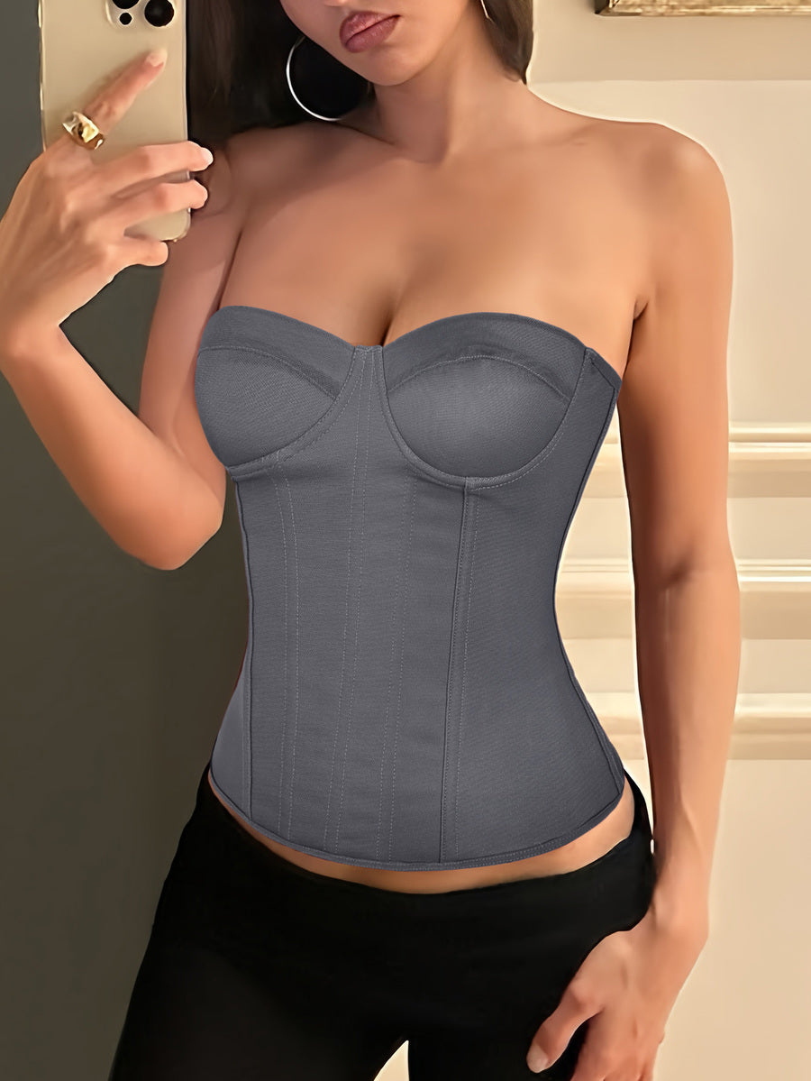 Solid color strapless corset tube top featuring a backless lace-up back design and cropped slim fit.