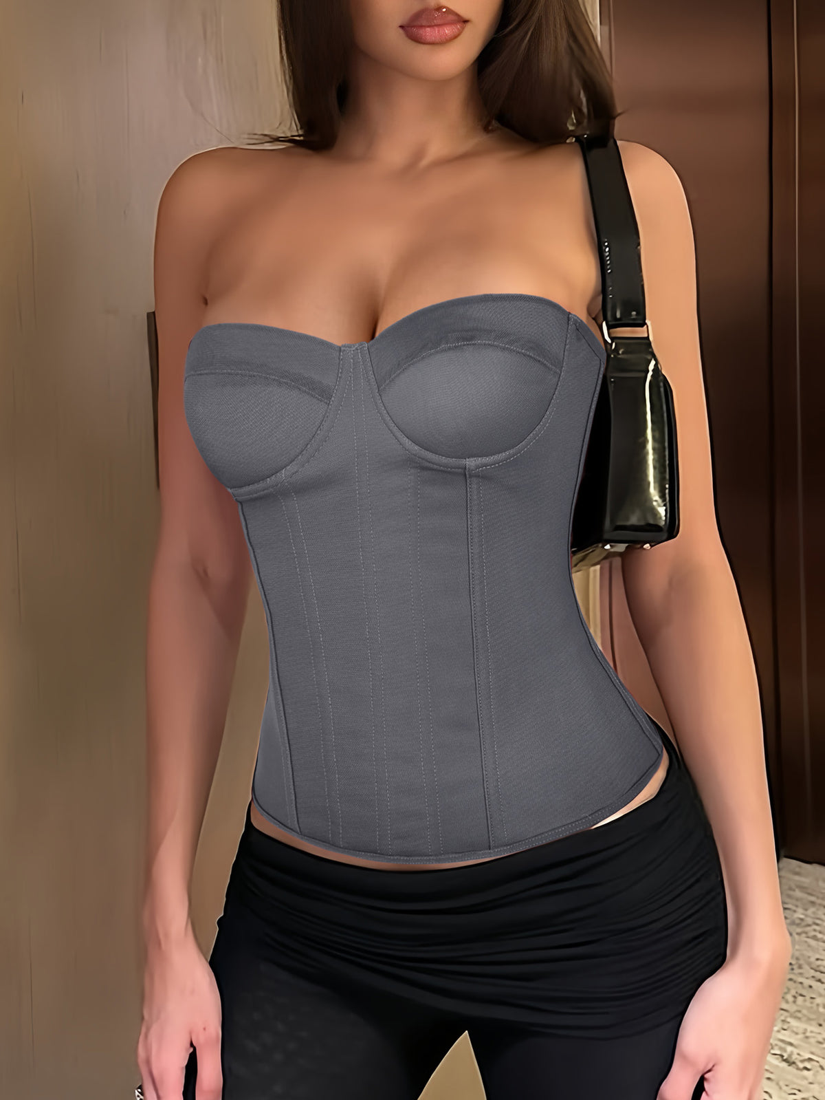Solid color strapless corset tube top featuring a backless lace-up back design and cropped slim fit.