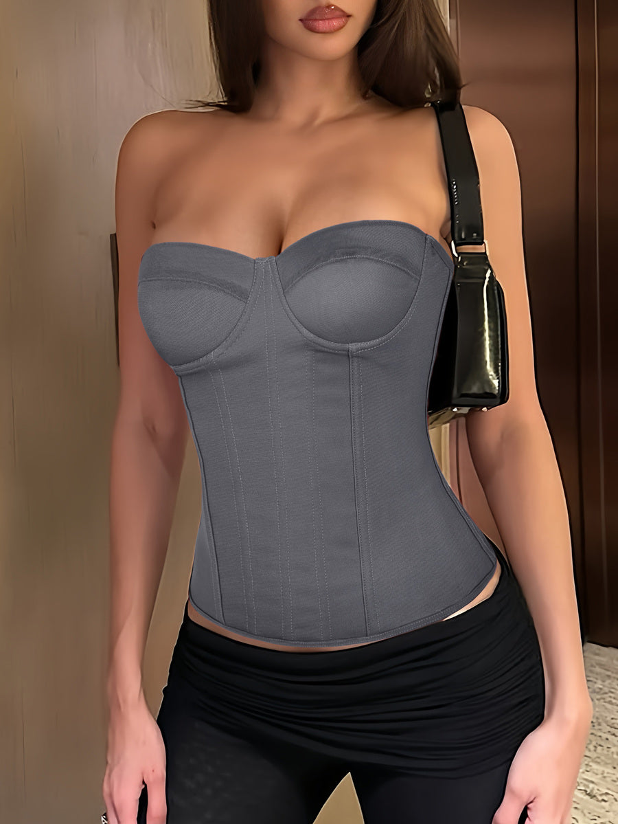 Solid color strapless corset tube top featuring a backless lace-up back design and cropped slim fit.