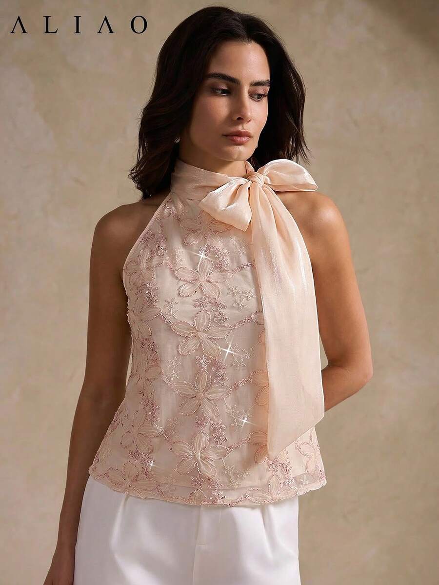 Women's floral embroidered sequin sleeveless top with stand collar and lined woven fabric