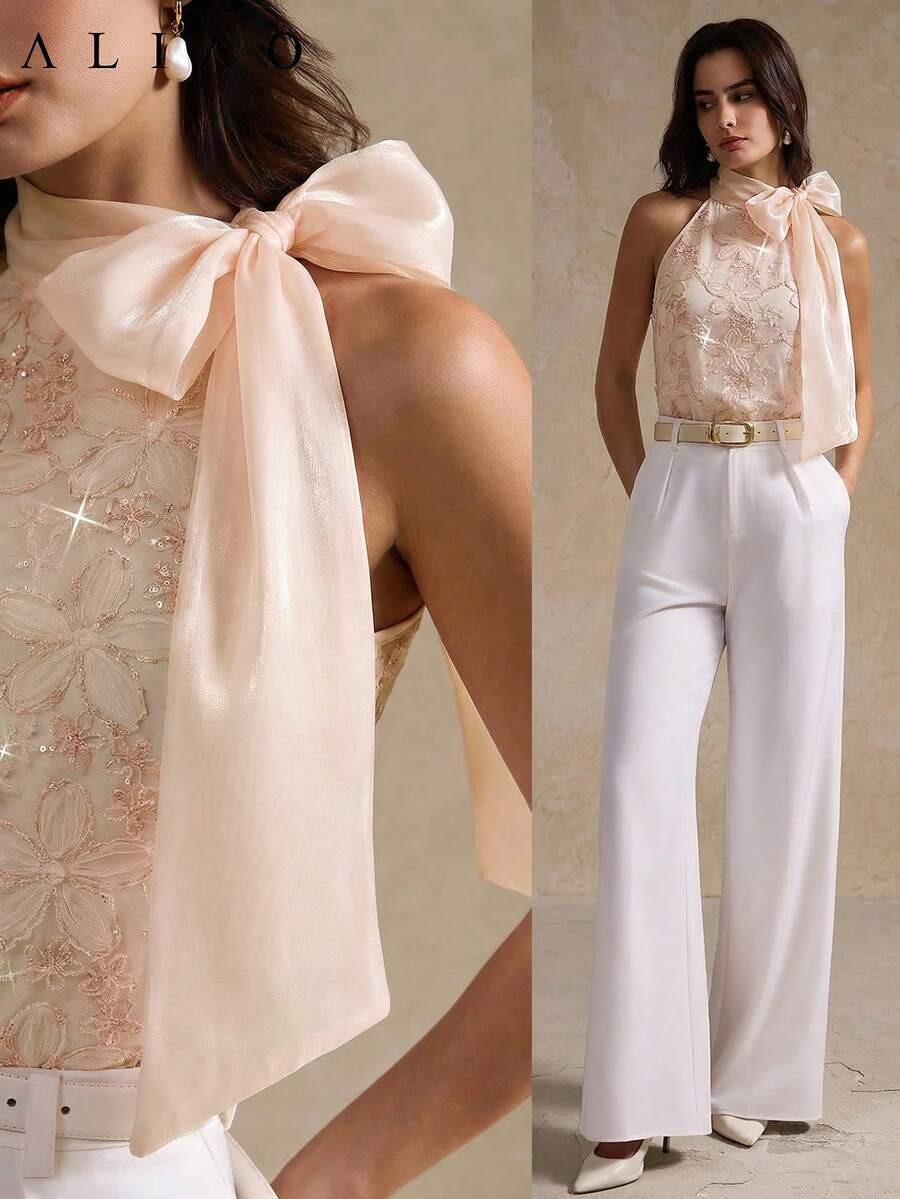 Women's floral embroidered sequin sleeveless top with stand collar and lined woven fabric