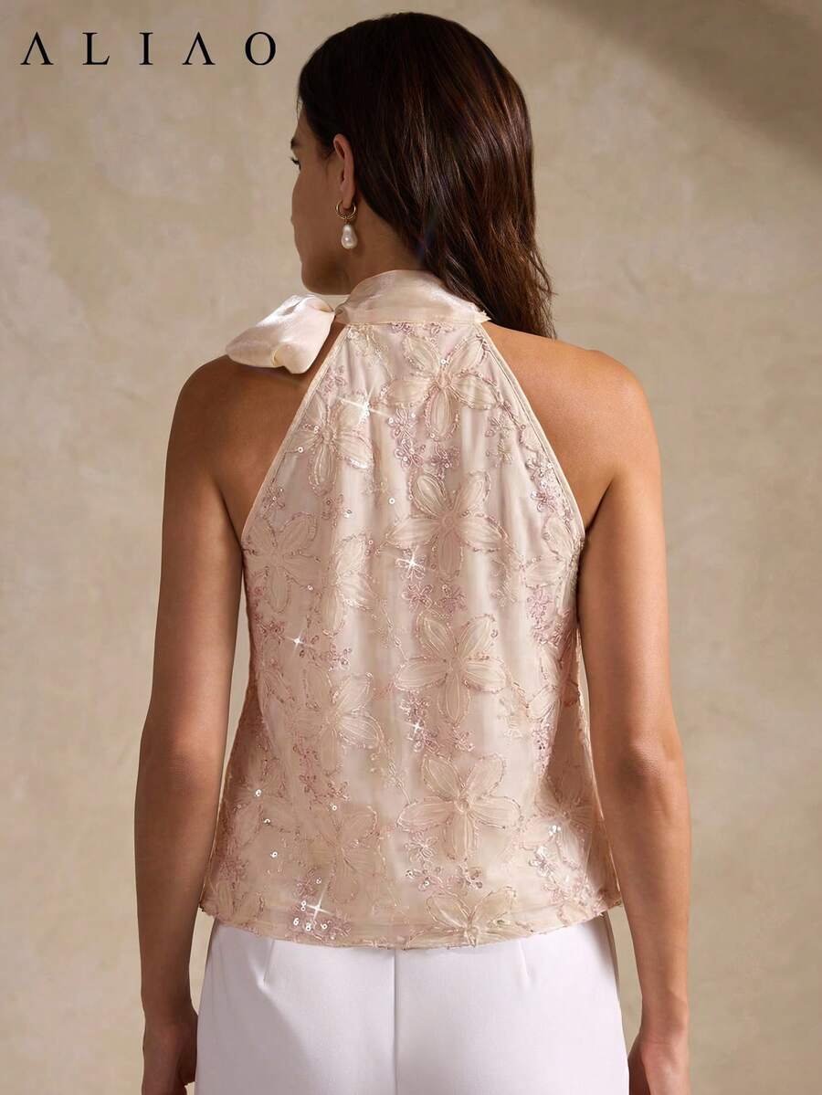 Women's floral embroidered sequin sleeveless top with stand collar and lined woven fabric