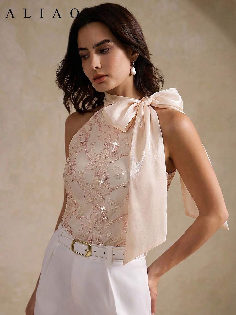 Women's floral embroidered sequin sleeveless top with stand collar and lined woven fabric