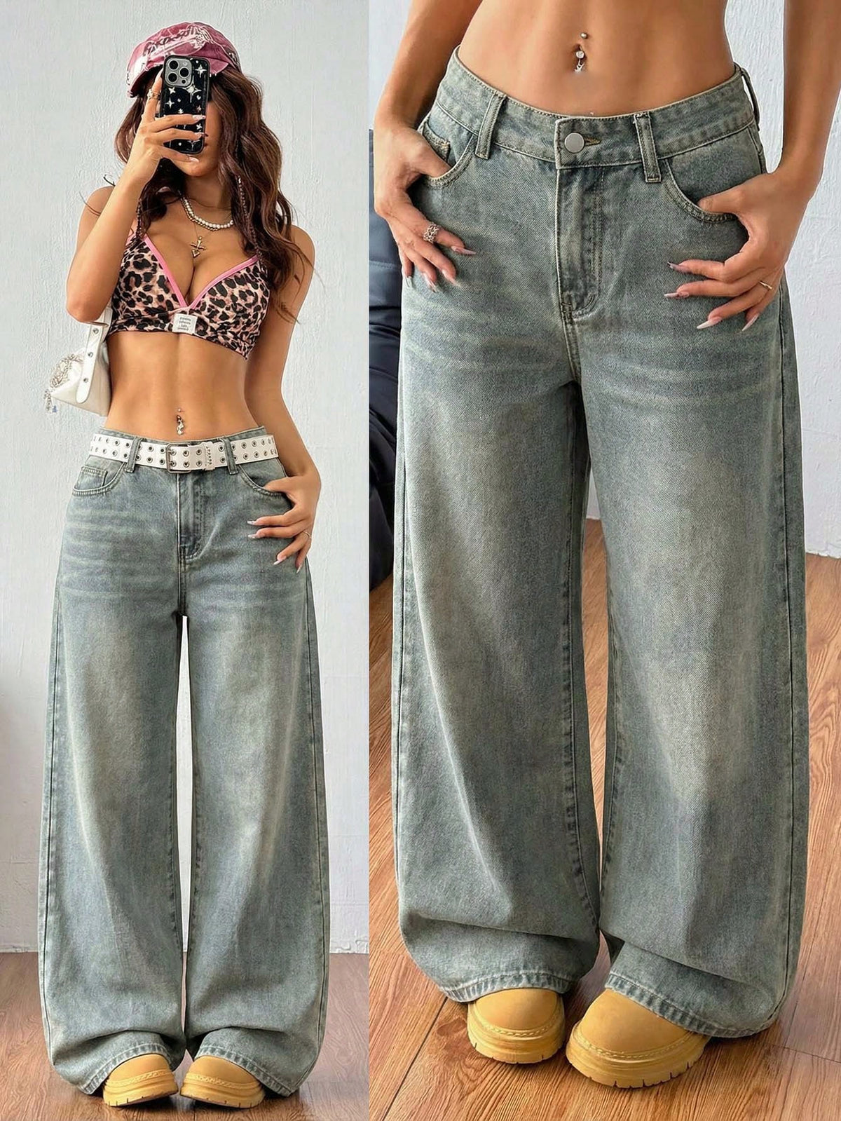 Women's loose wide-leg jeans in light wash denim with low waist and extra-long relaxed fit