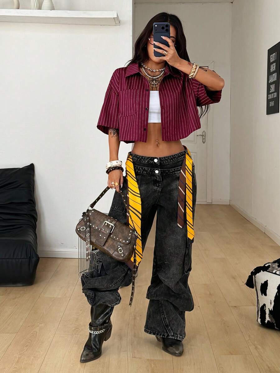 Women's plaid crop shirt with button front, chest pocket, short sleeves, and loose casual fit.