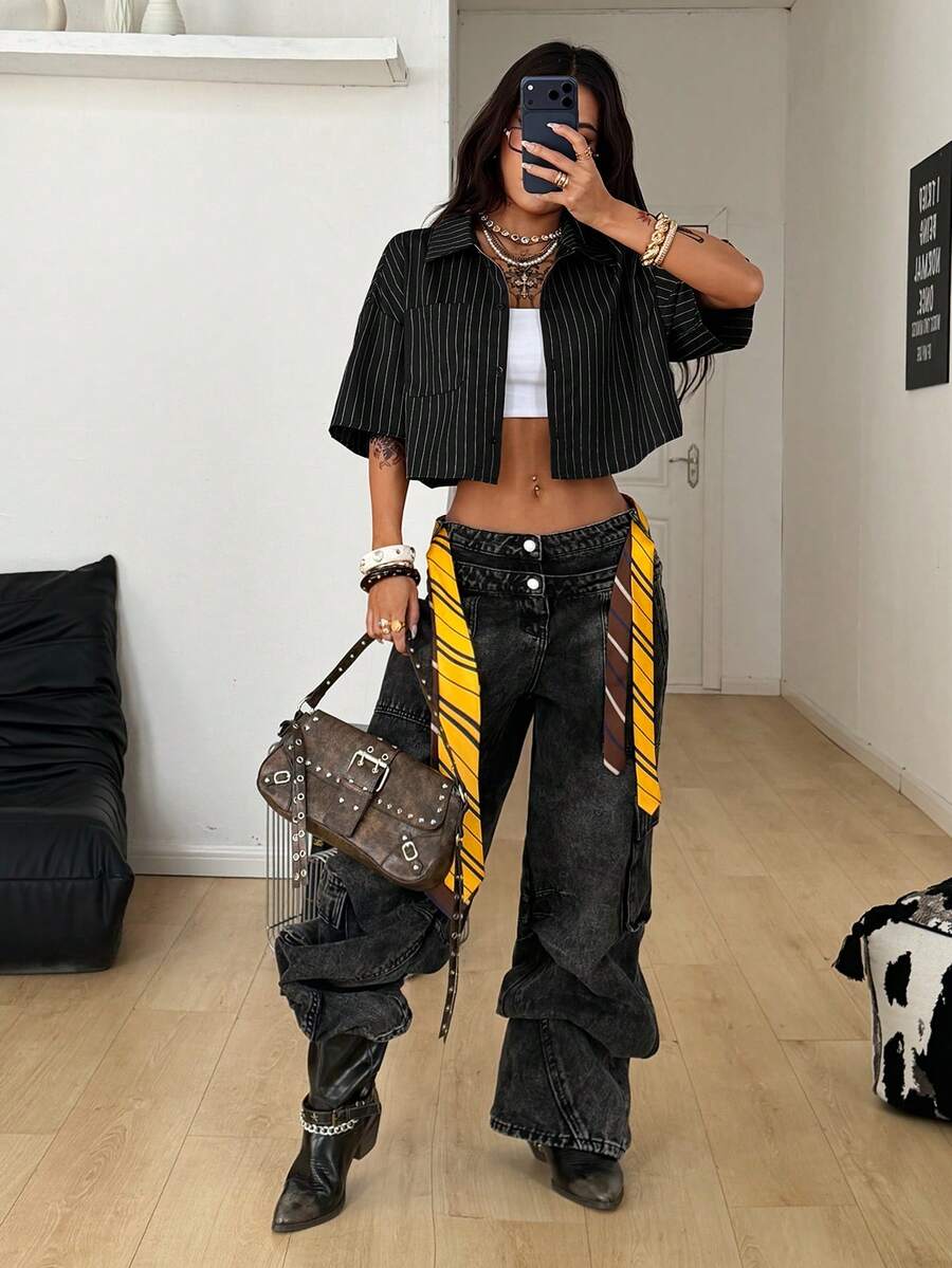 Women's plaid crop shirt with button front, chest pocket, short sleeves, and loose casual fit.