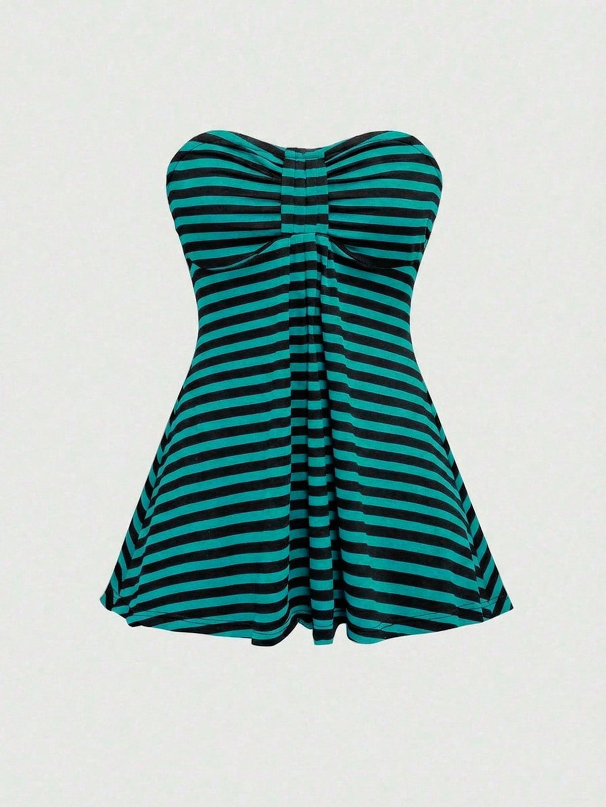 Women's striped strapless tube top featuring ruched detailing, flared hem, and stretchy knit fabric.