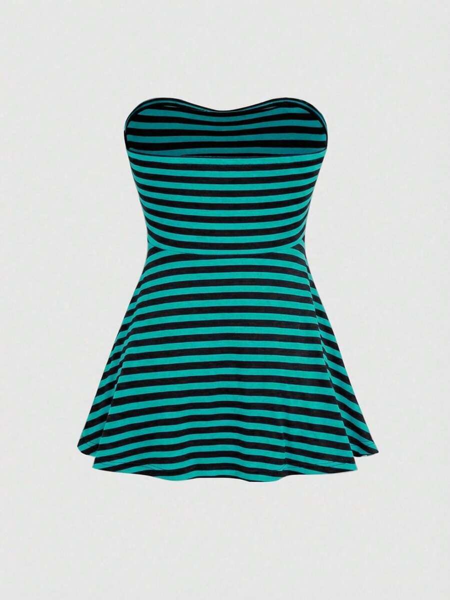 Women's striped strapless tube top featuring ruched detailing, flared hem, and stretchy knit fabric.