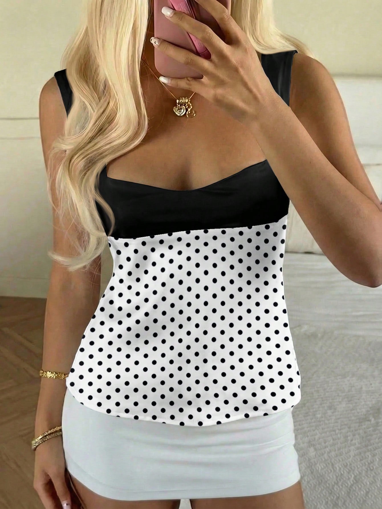 Women's multicolor shiny satin geometric splice camisole with square neckline, wide straps, studded details, slim fit, and open back tie design